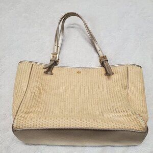 Tory Burch Nude Natural Woven Raffia York Tote Handbag Shoulder Basket Bag Purse